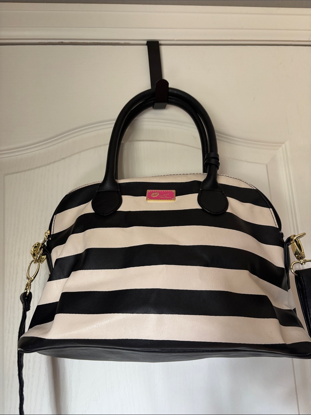 Betsey Johnson Black White Striped Satchel Crossbody Bag